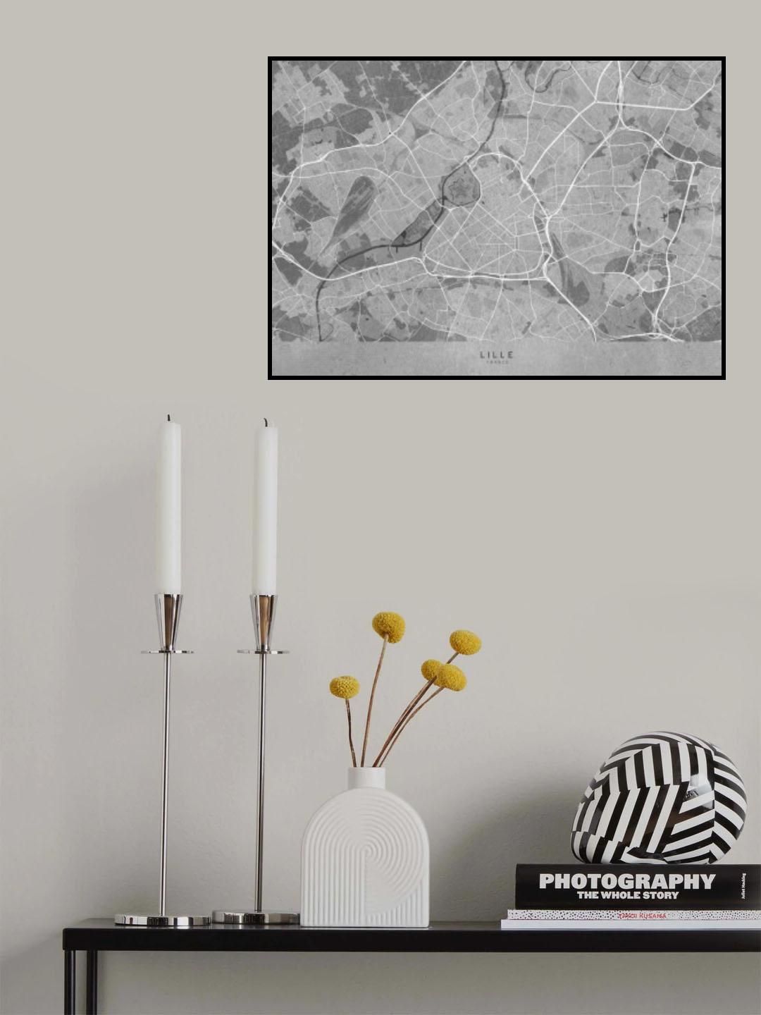 Gray vintage map of Lille France Poster och Canvastavla