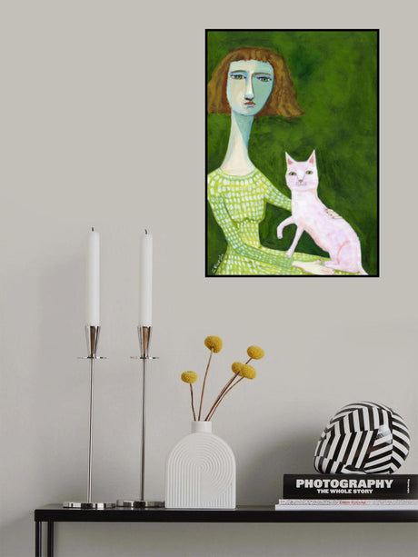 Cat Lady with pink cat Poster och Canvastavla