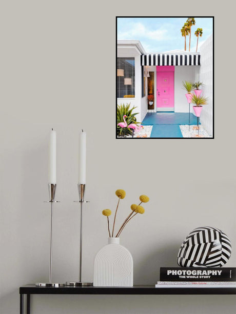Pink Door with Yard Flamingos Poster och Canvastavla