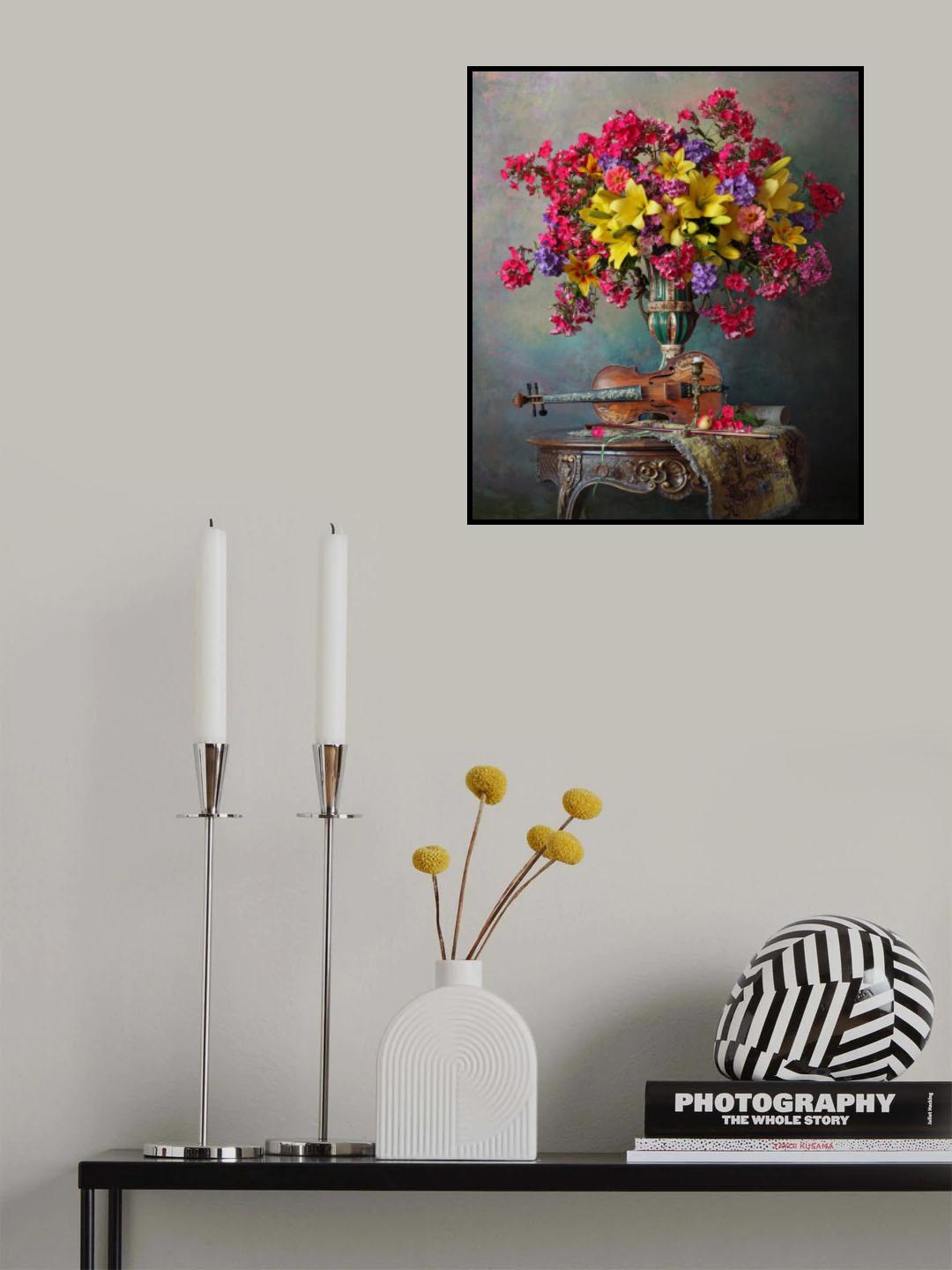 Still life with violin and flowers Poster och Canvastavla