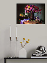 Still life with a bouquet of asters and fruits Poster och Canvastavla