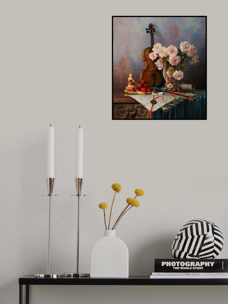 Still life with violin and roses Poster och Canvastavla