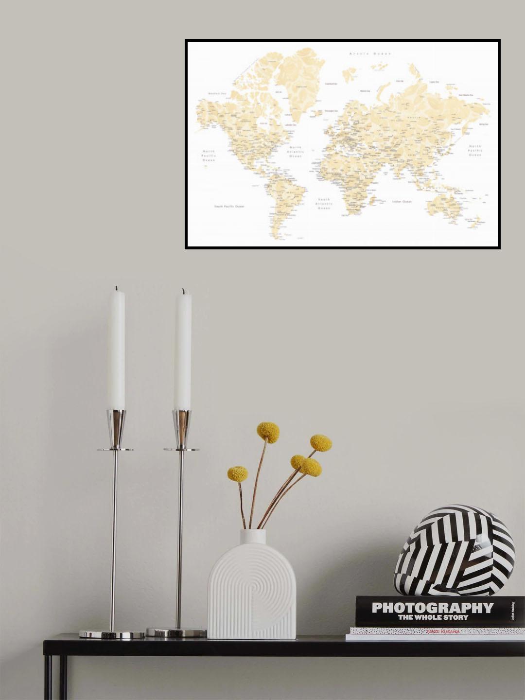 Soft florals world map with cities, Remy Poster och Canvastavla