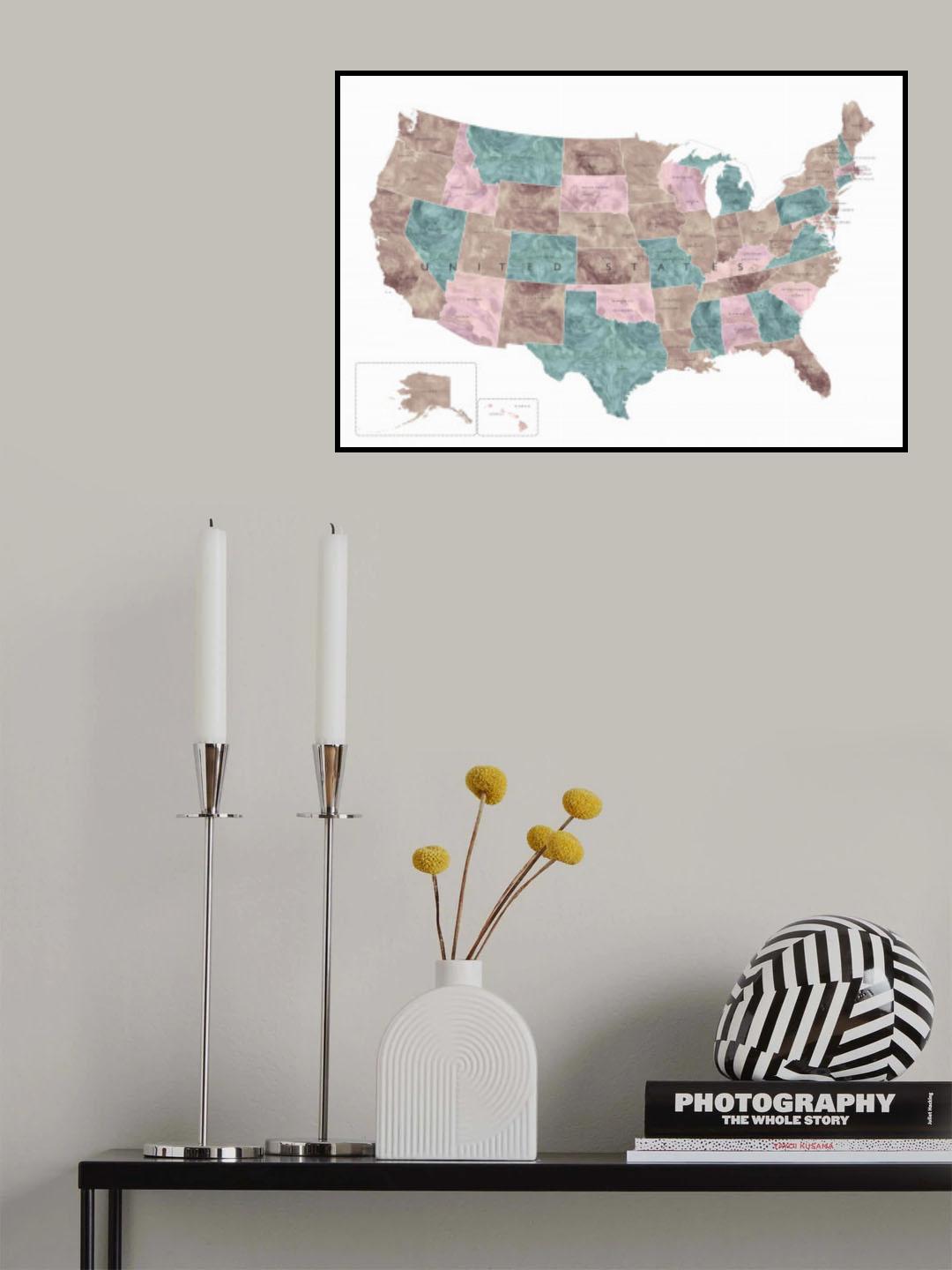 Pink and teal watercolor map of the US Poster och Canvastavla