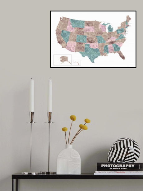 Pink and teal watercolor map of the US Poster och Canvastavla
