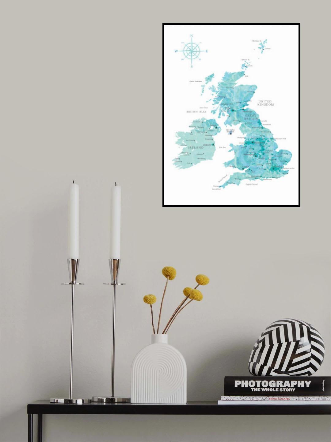 Aquamarine watercolor map of the United Kingdom Poster och Canvastavla
