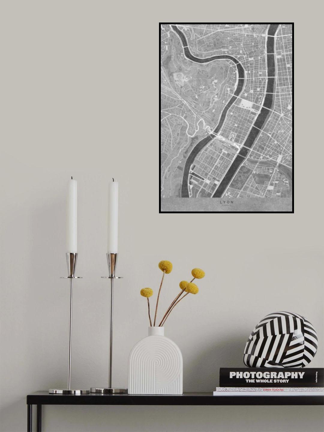 Gray vintage map of Lyon downtown France Poster och Canvastavla