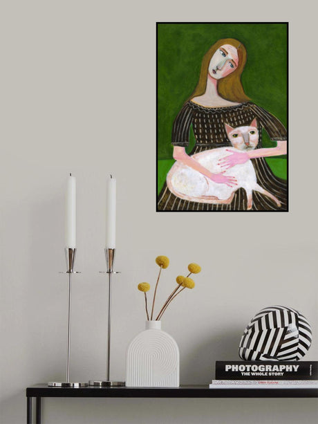 vintage lady with white cat Poster och Canvastavla