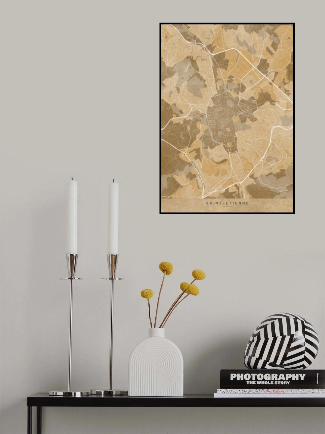 Sepia vintage map of Saint Etienne France Poster och Canvastavla