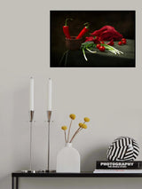 Still life with red pepper, tomatoes and onions on the table Poster och Canvastavla