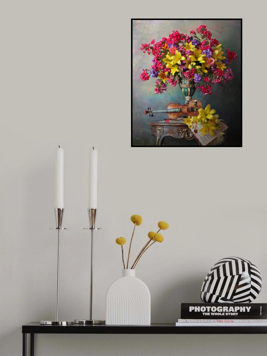 Still life with violin and flowers Poster och Canvastavla