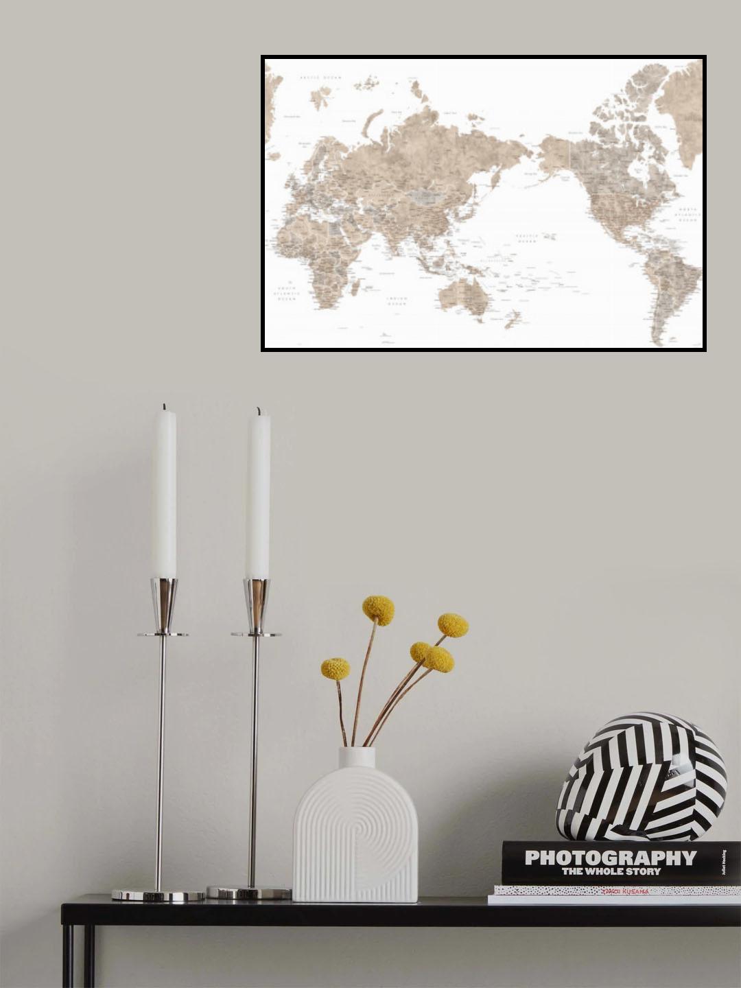 Pacific centered world map in taupe Poster och Canvastavla