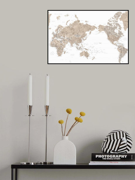 Pacific centered world map in taupe Poster och Canvastavla