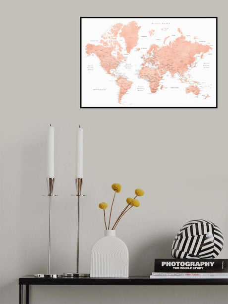 Rose gold world map with cities, Hadi Poster och Canvastavla