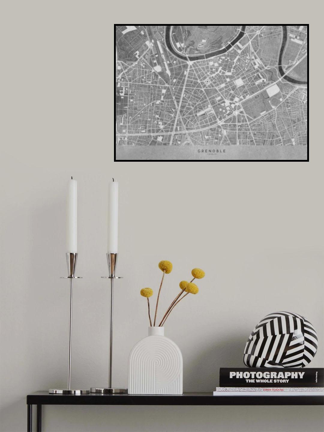 Gray vintage map of Grenoble downtown France Poster och Canvastavla