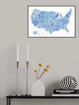 Blue watercolor map of the USA with states and state capitals Poster och Canvastavla