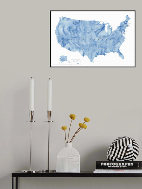 Blue watercolor map of the USA with states and state capitals Poster och Canvastavla