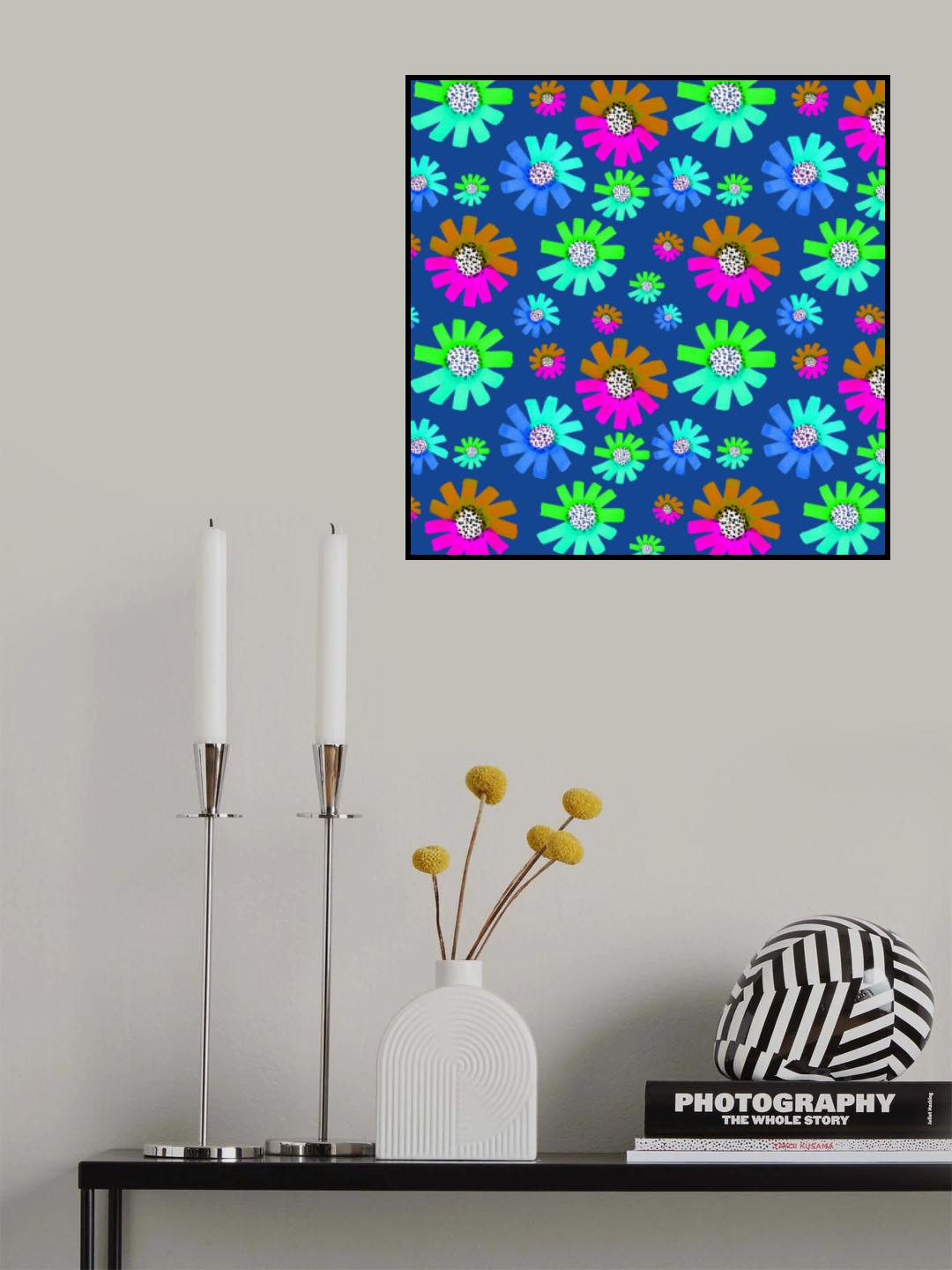 Fancy Florals Green Brown Lavender Green On Blue Poster och Canvastavla