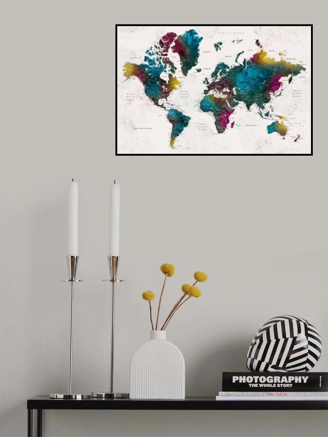 Watercolor world map with cities, Charleena Poster och Canvastavla