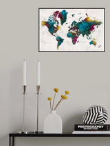 Watercolor world map with cities, Charleena Poster och Canvastavla
