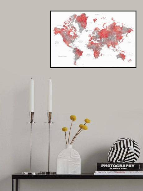 Red world map with cities, Lyssah Poster och Canvastavla
