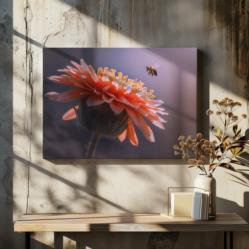 Bee Flying on the Flower Poster och Canvastavla