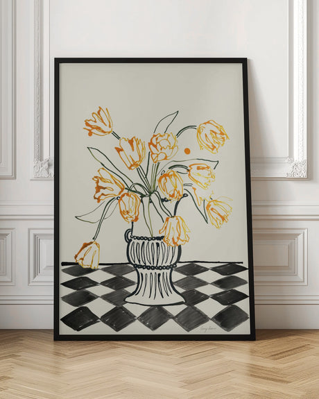 Orange Tulips In a Vase with Checkered Diamonds Poster och Canvastavla