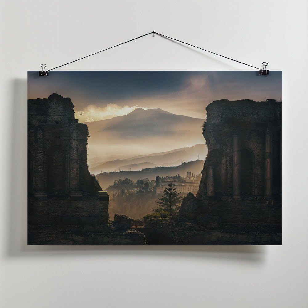 Volcano on ancient ruins Poster och Canvastavla