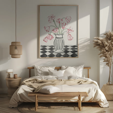 Pink Tulips In a Vase with Checkered Diamonds Poster och Canvastavla