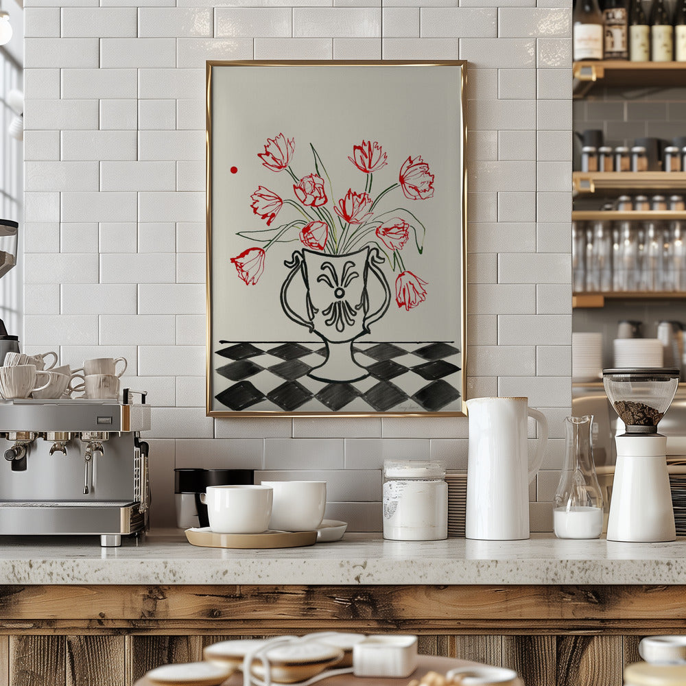 Red Tulips In a Vase with Checkered Diamonds Poster och Canvastavla