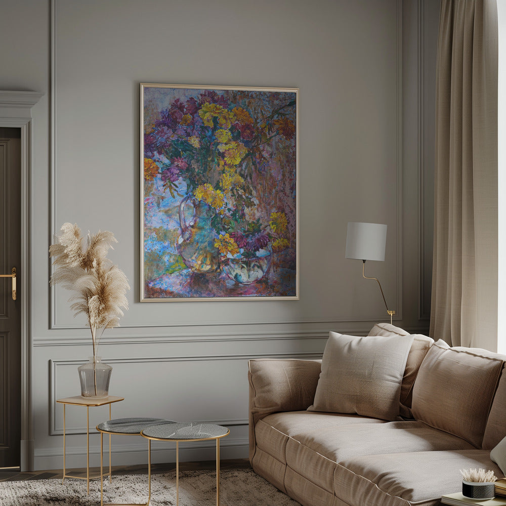Chrysanthemums against the background of rain Poster och Canvastavla