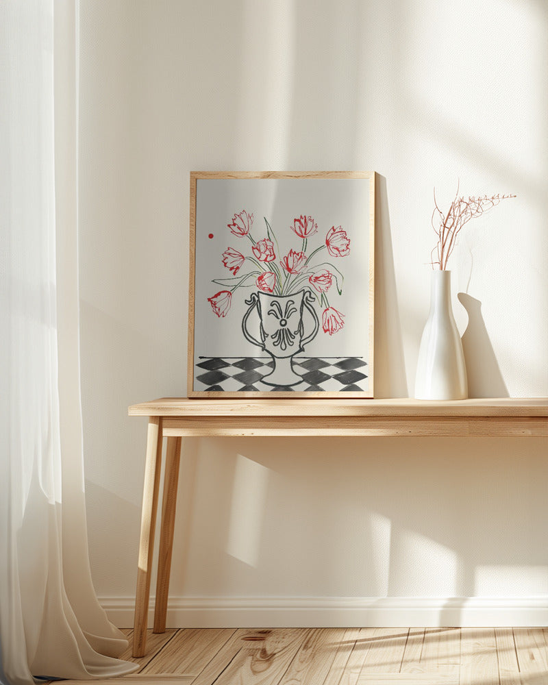Red Tulips In a Vase with Checkered Diamonds Poster och Canvastavla