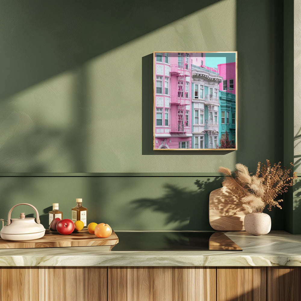 Pink and Blue Row Houses in San Francisco Poster och Canvastavla