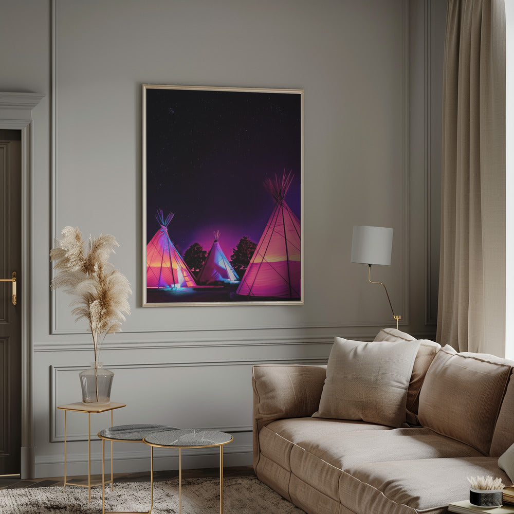 Vaporwave Teepees Glowing at Night Under Stars In Marfa Texas Poster och Canvastavla