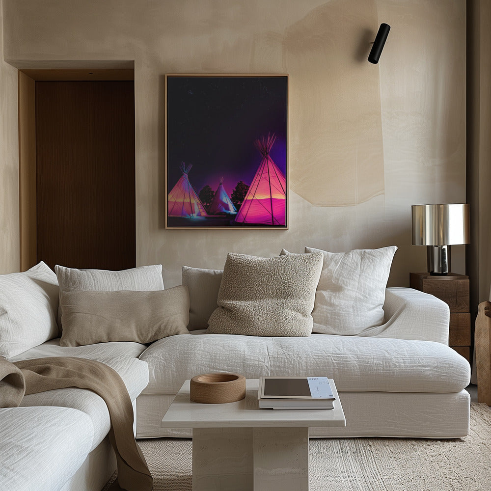 Vaporwave Teepees Glowing at Night Under Stars In Marfa Texas Poster och Canvastavla
