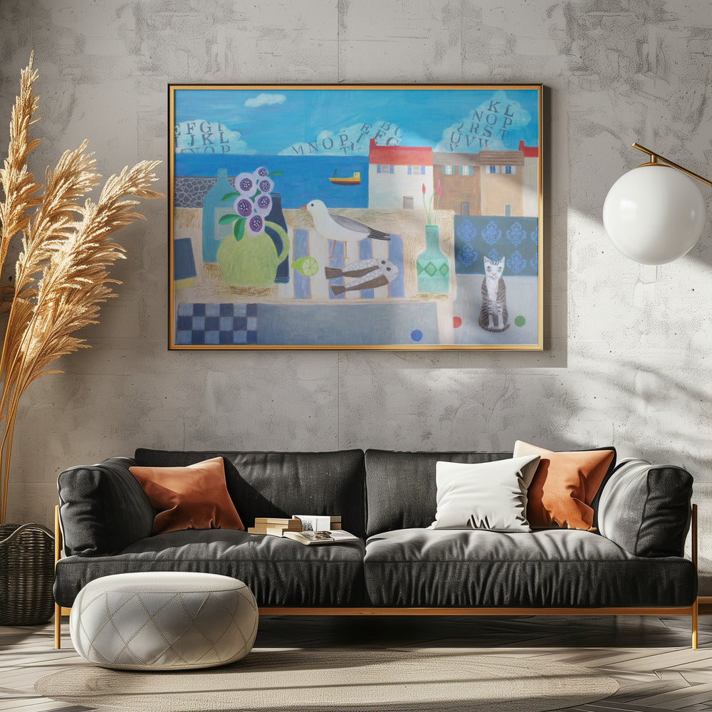 Cat With Seascape Poster och Canvastavla