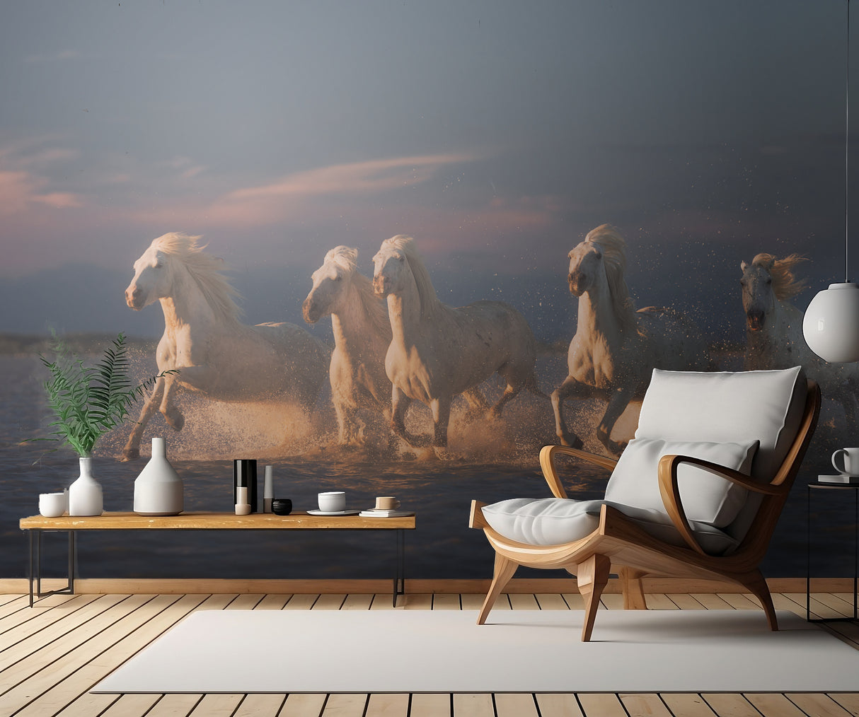 Camargue horses on sunset Poster och Canvastavla