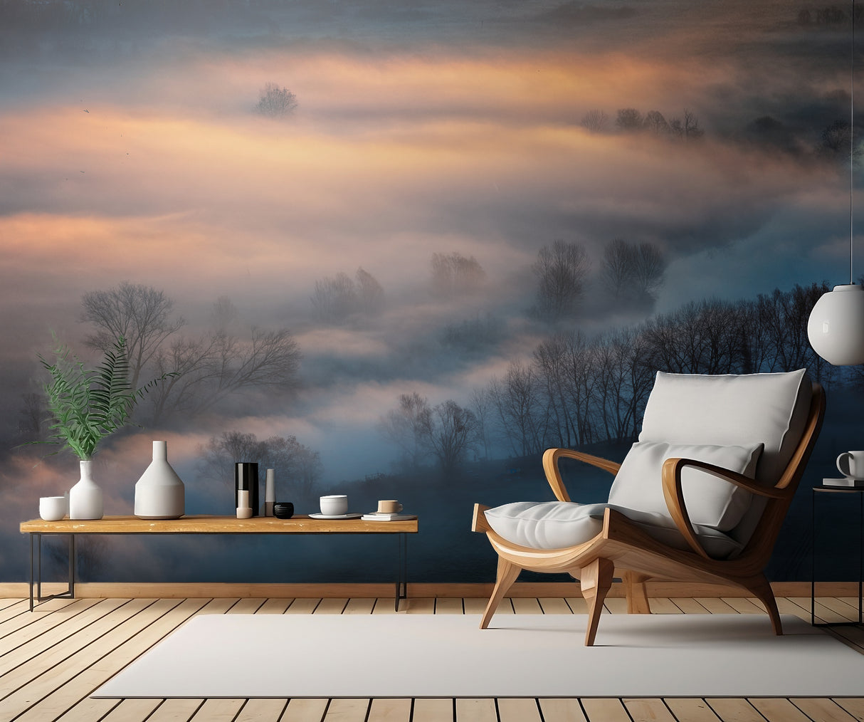 Sunrise light in the foggy valley Poster och Canvastavla