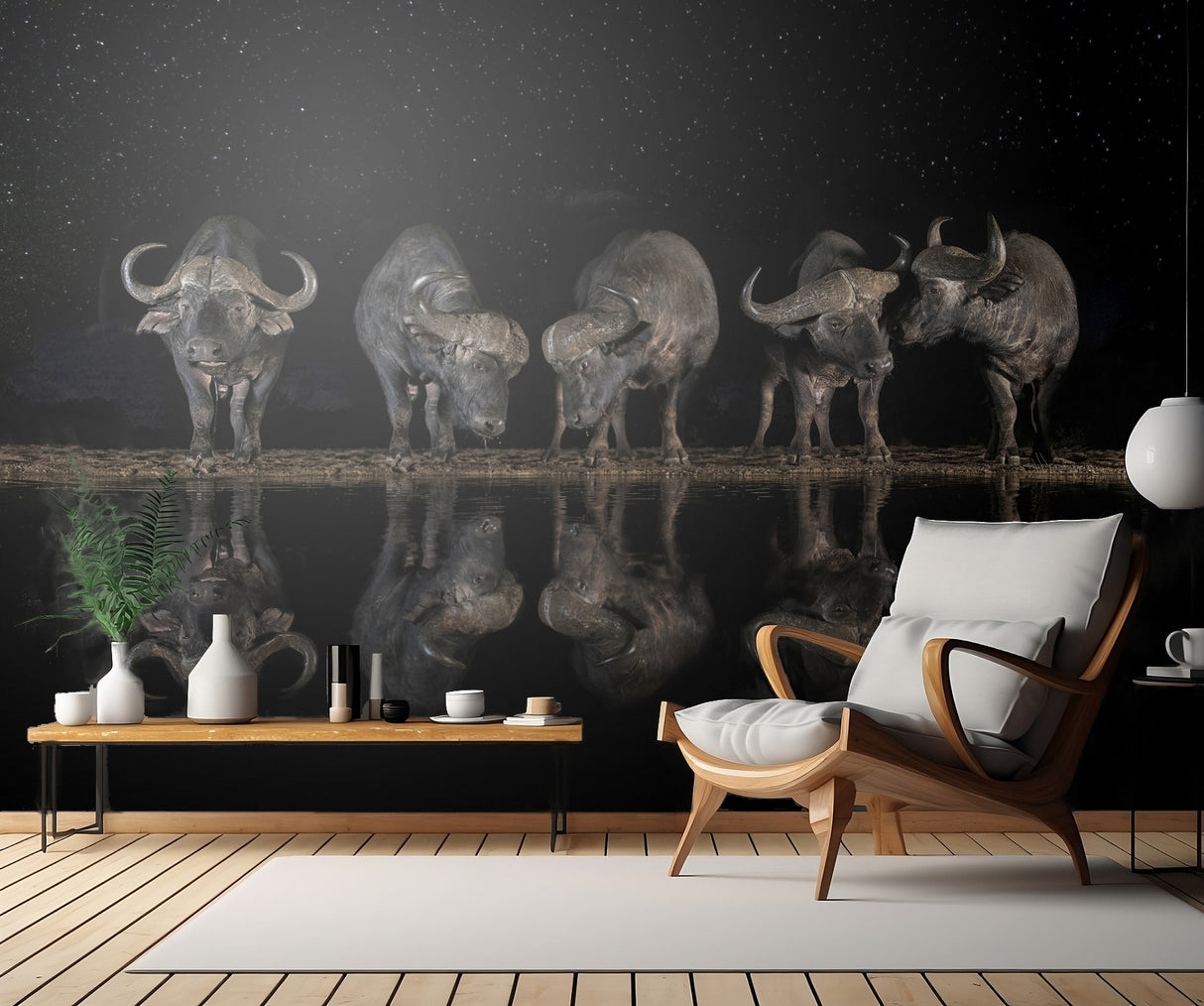 Buffaloes in the waterhole at night Poster och Canvastavla