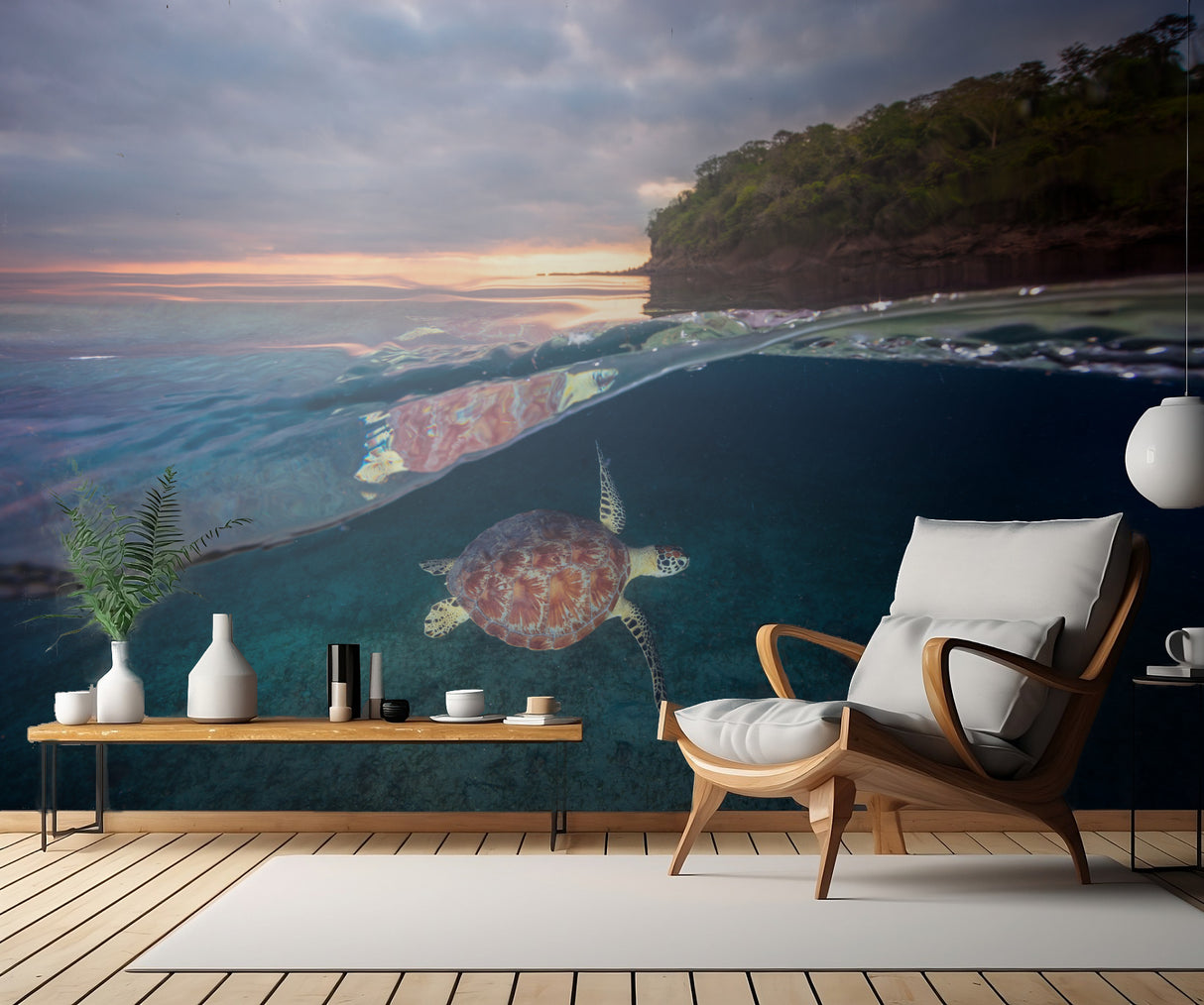 Green turtle with sunset Poster och Canvastavla