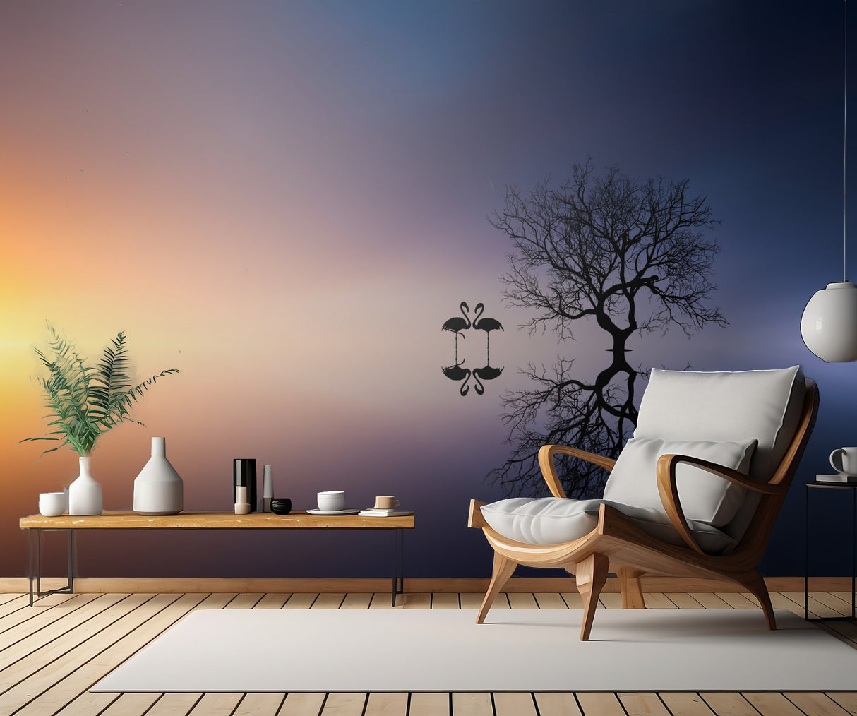 Flamingos in a lake with a tree Poster och Canvastavla